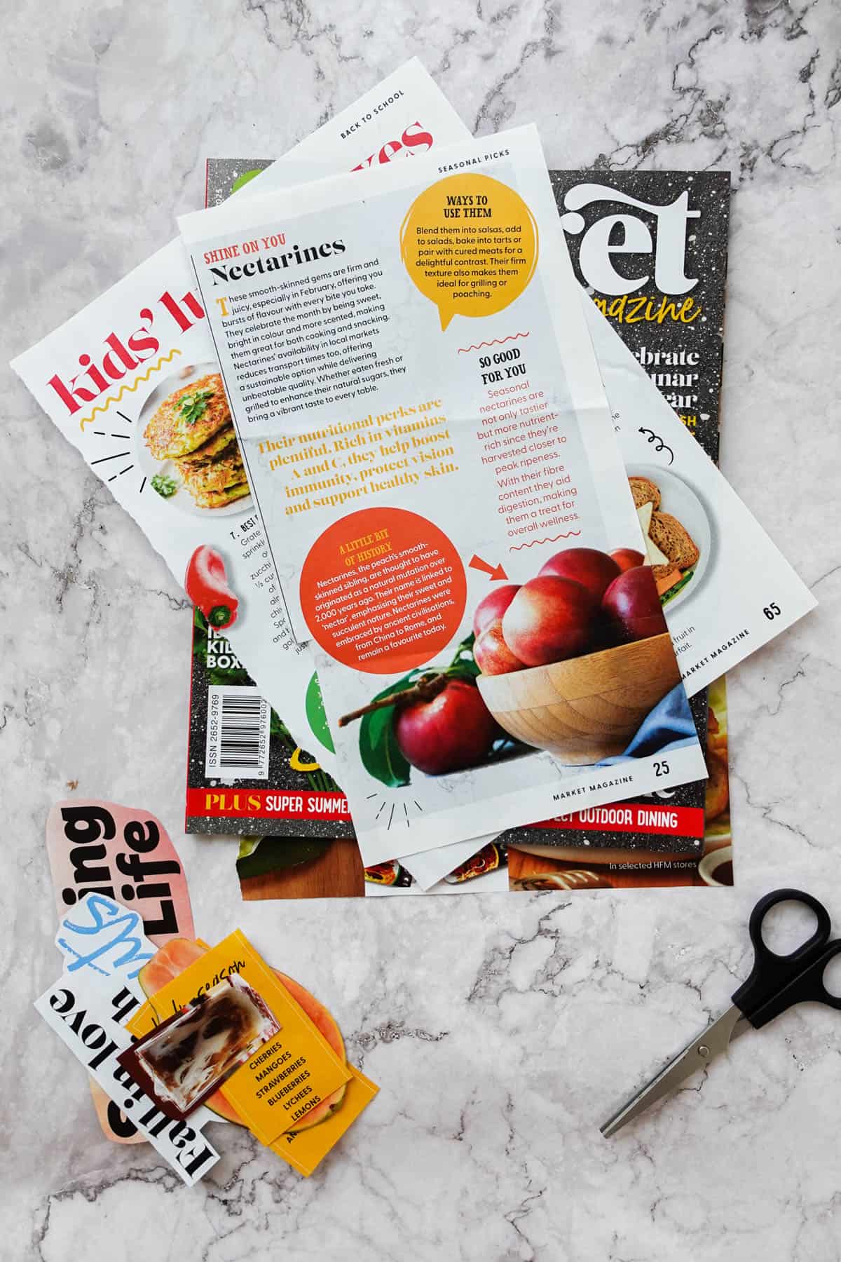Overhead view showing magazine cutouts and scissors.