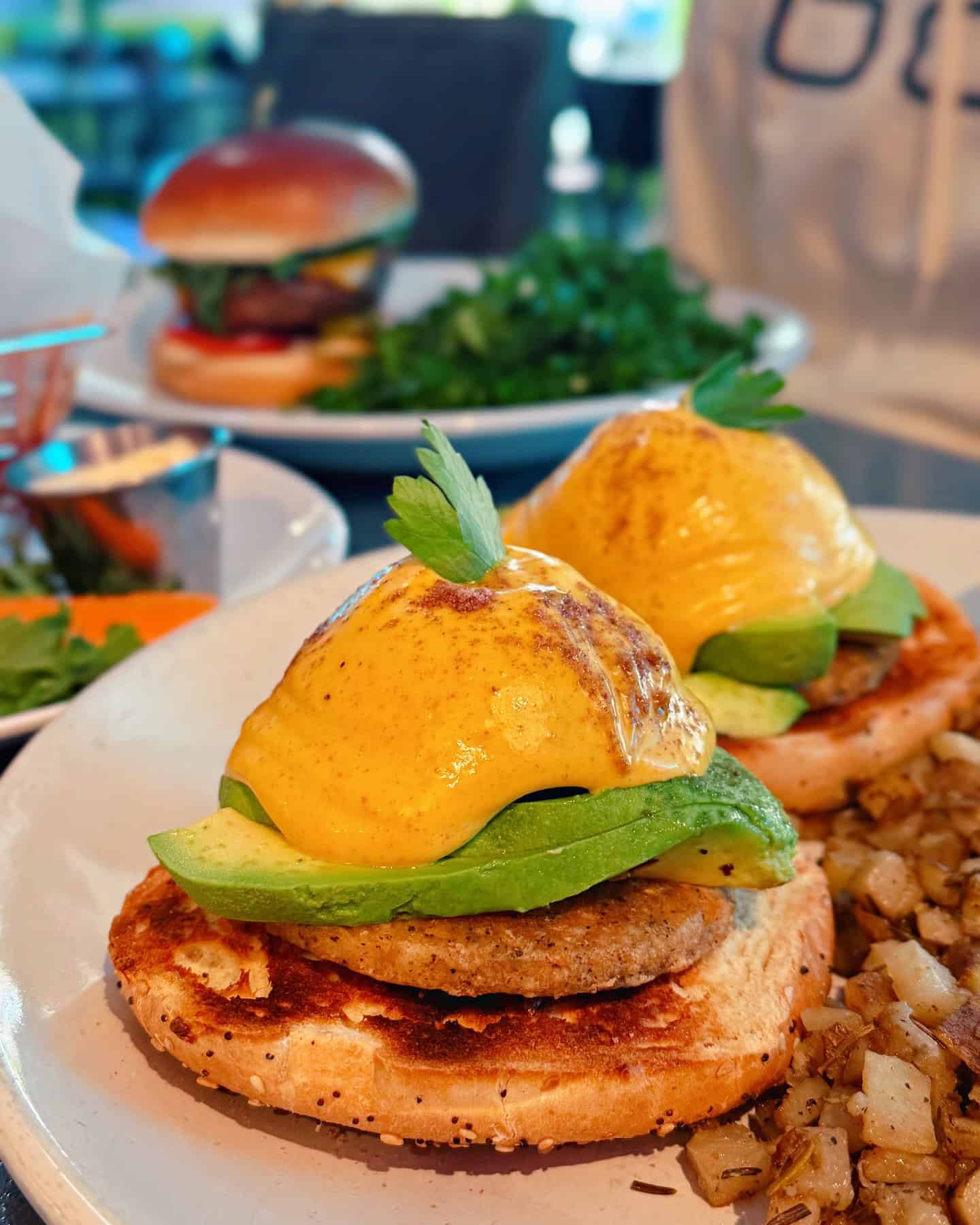 Front view of a vegan Benedict from Kale My Name vegan restaurant in Chicago.
