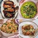 Collage showing four different high-fibre recipes: stuffed eggplant, super green beans, high protein pasta and quiona casserole.