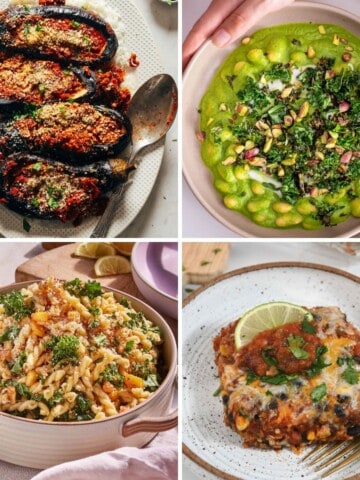 Collage showing four different high-fibre recipes: stuffed eggplant, super green beans, high protein pasta and quiona casserole.