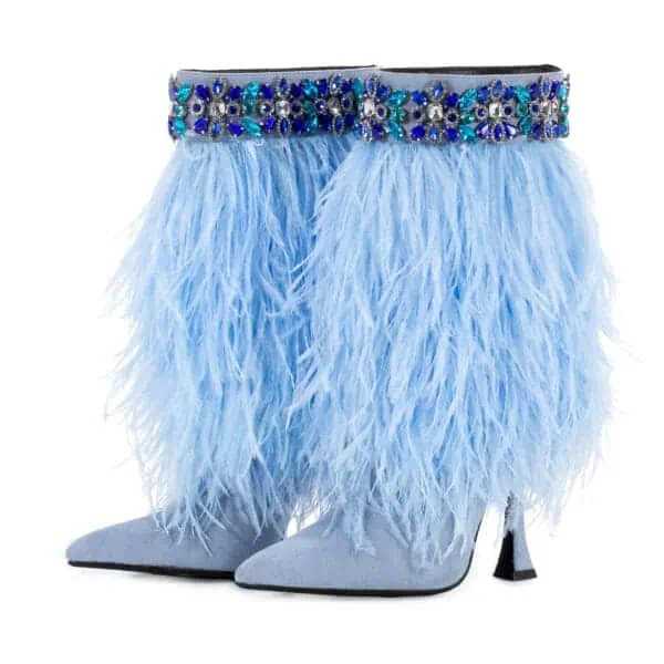About SkyStruk, The Foxy Blue Suede Stiletto Boot With Premium Feathers