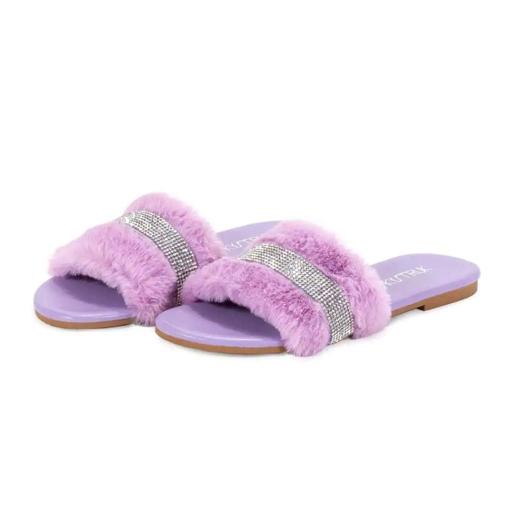 Lilac Sequined Fluffy Faux Fur Slipper by SkyStruk