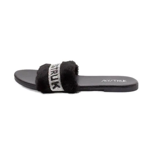 Black Sequined Fluffy Faux Fur Slipper - Image 2