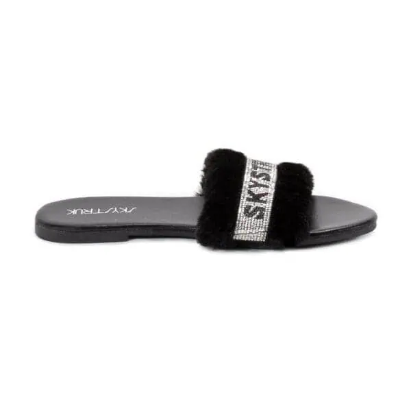 Black Sequined Fluffy Faux Fur Slipper - Image 3