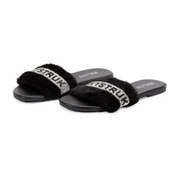 Black Sequined Fluffy Faux Fur Slipper