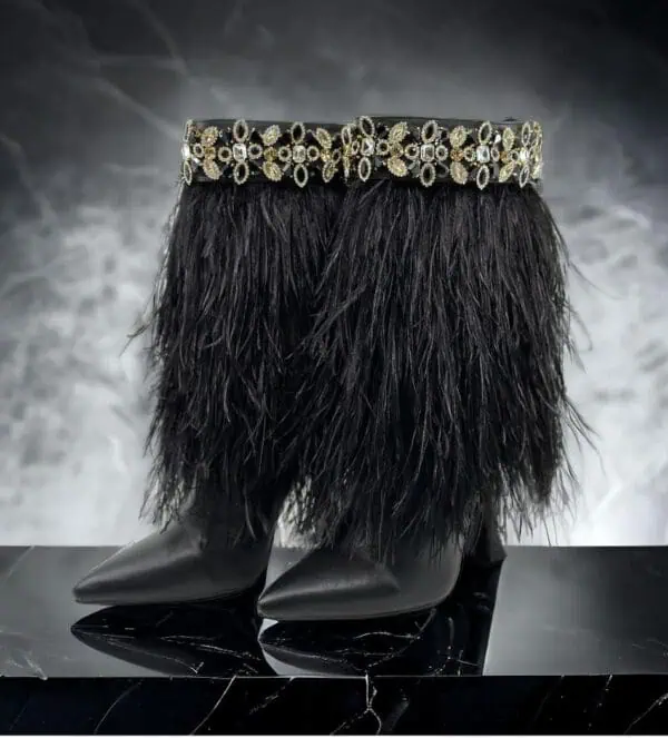both feet The Foxy Black Leather Stiletto Boot with Premium Feathers