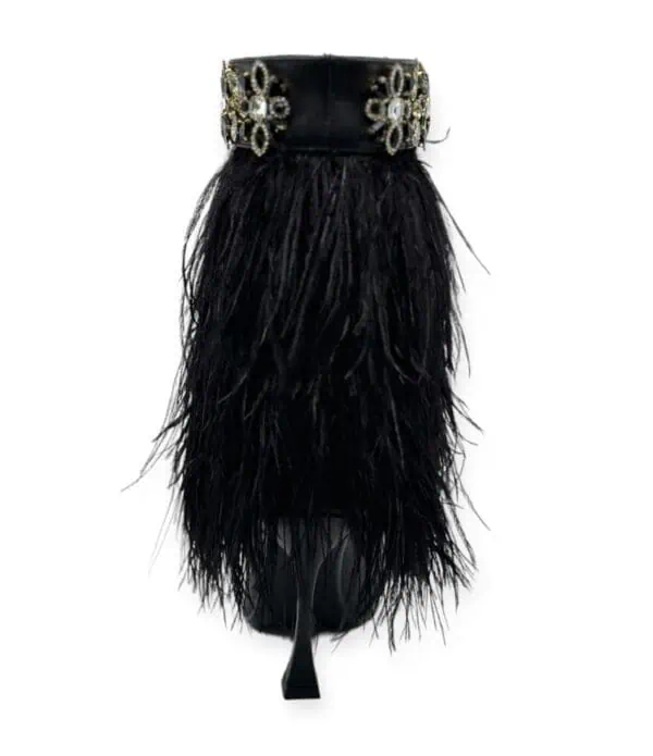 back view of The Foxy Black Leather Stiletto Boot with Premium Feathers