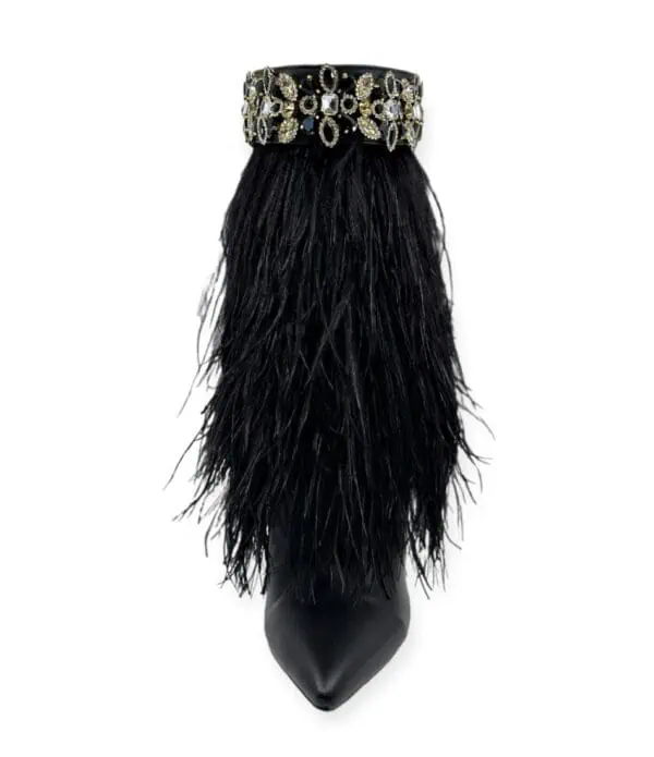 front view of The Foxy Black Leather Stiletto Boot with Premium Feathers