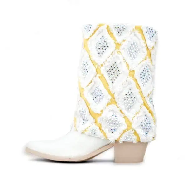 Gram Glam Off-White Denim Boot, Yellow Gold & White Cuff with Diamonds