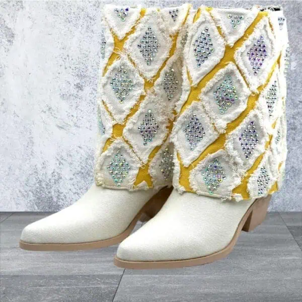 Gram Glam Off-White Denim Boot, Yellow Gold & White Cuff with Diamonds