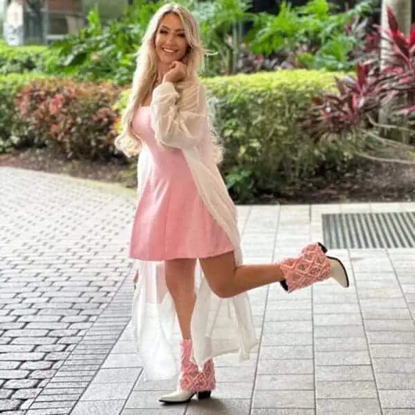 model in dress shawl and SkyStruk boots with crystals