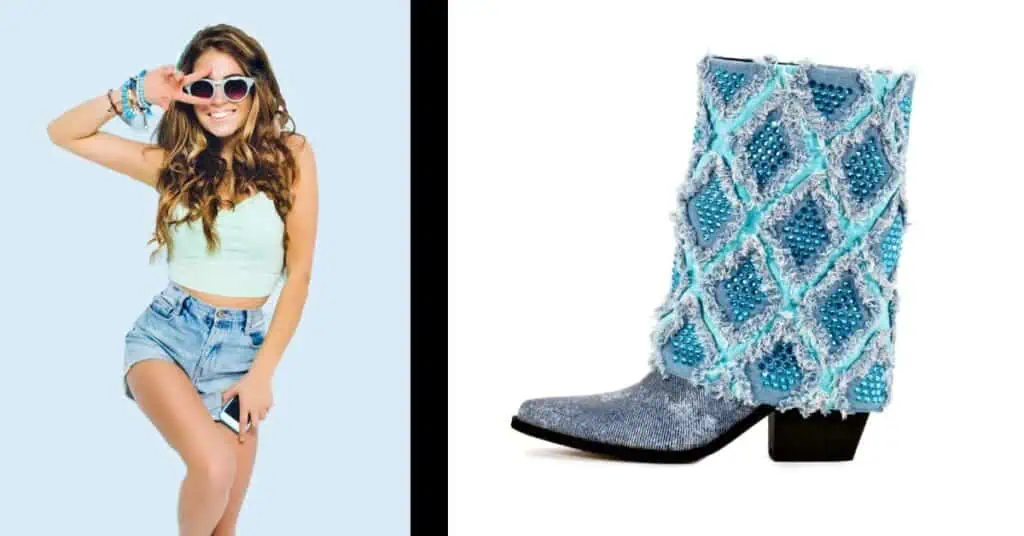 girl with short a cropped top and sunglass with an denim blue boot and aquamarine cyrstal diamonds