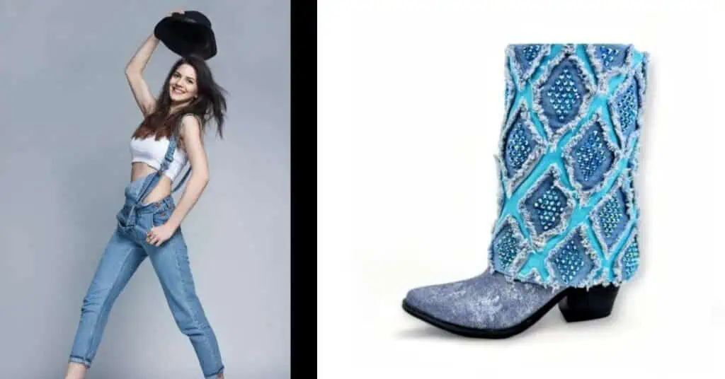woman in skinny jeans white t-shirt and holding a hat and a denim glitter cowboy boot