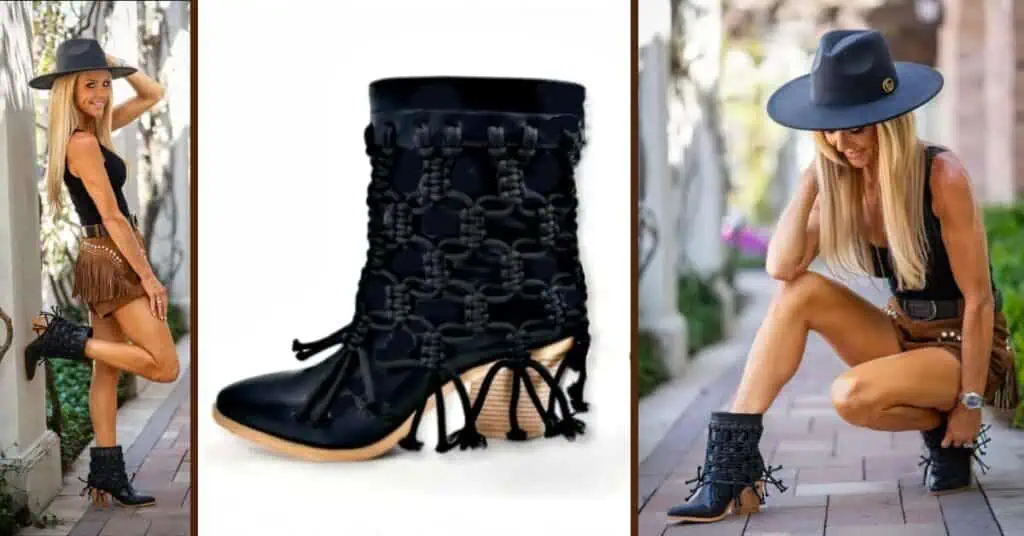 model with suede fringe shorts a top and hat and a black leather hand braided boot with tan block heel