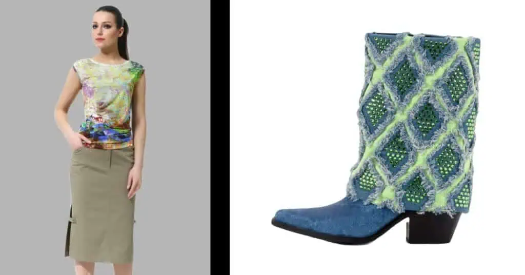 woman with midi skirt and top and a denim boot with green crystals