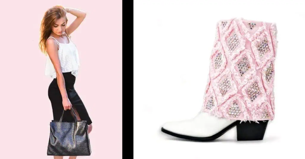 girl with black skirt and black purse with a white and pink glitter boot