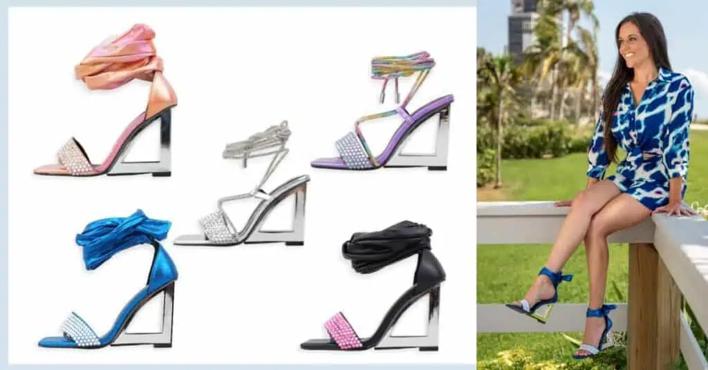 Skylar Porter sitting on ledge along with 5 styles of the Riviera shoe collection by SkyStruk