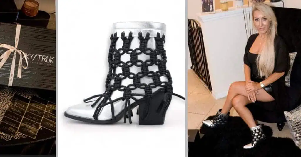 girl sitting wearing silver and black hand braided boots