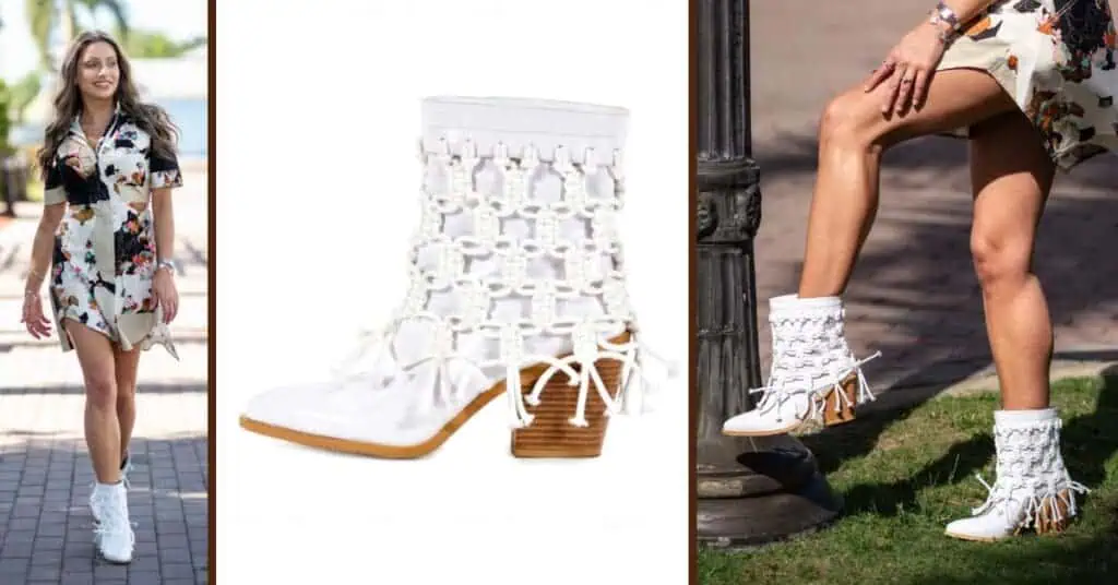girl with dress walking in white hand-braided boots with tan block heel