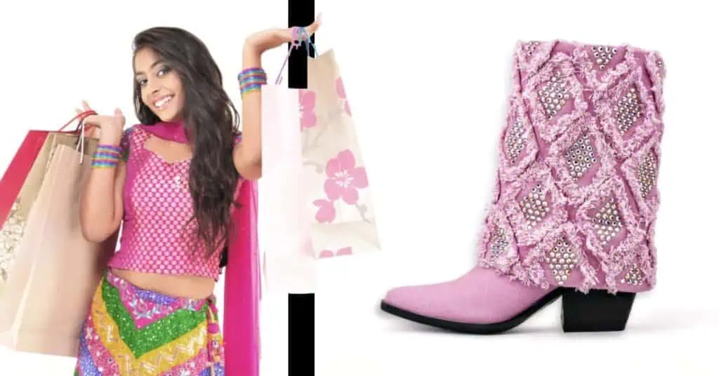 asian woman with shopping bags and a bright outfit with a pink crystal glitter cowboy boot