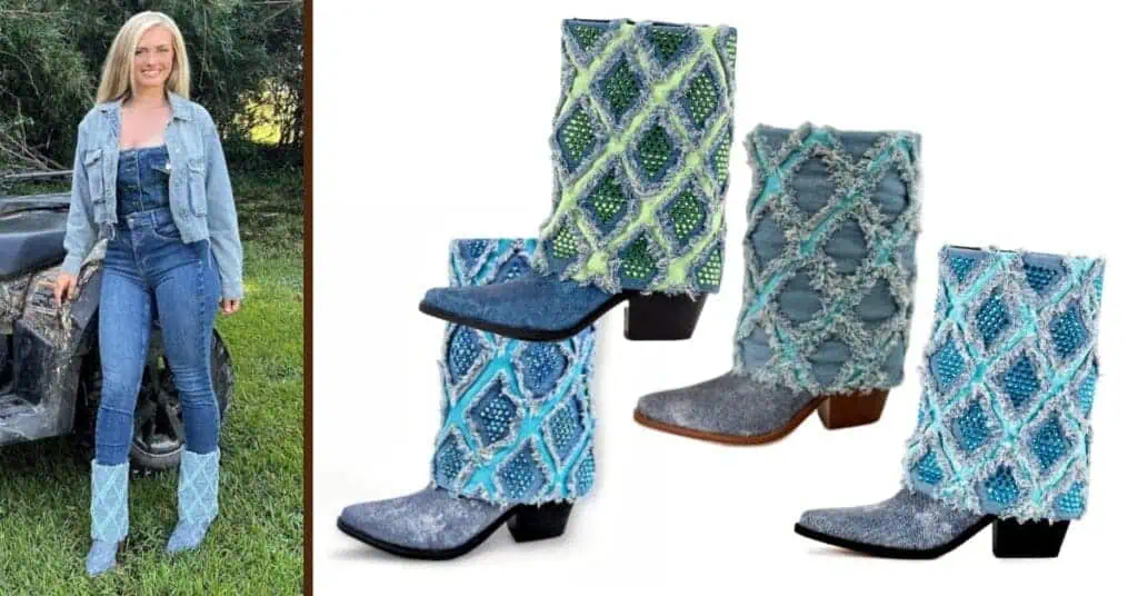 SkyStruk model with jeans and SkyStruk Denim cuffed boots along with 4 different SkyStruk style boots