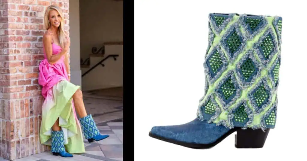 girl in long bohemian style outfit with blue denim and green cuffed boots