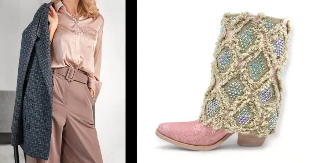 woman in trousers and blouse and pink and tan cuffed boots