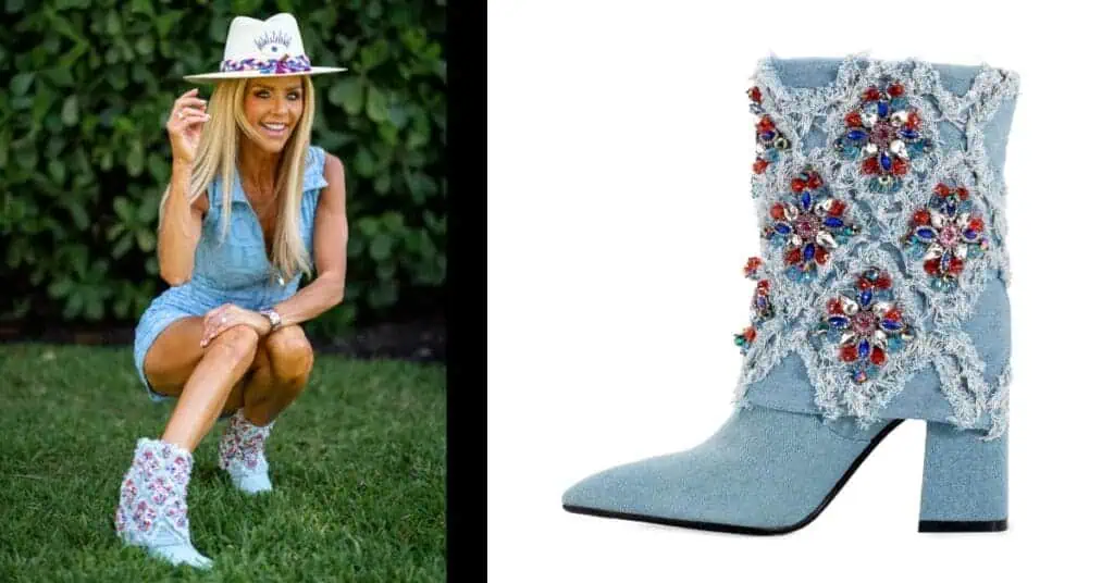 girl with denim short outfit hat and a denim cuffed boot with rhinestones