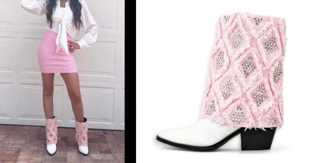 girl in skirt and blouse with white and pink cuffed boots with diamond crystals