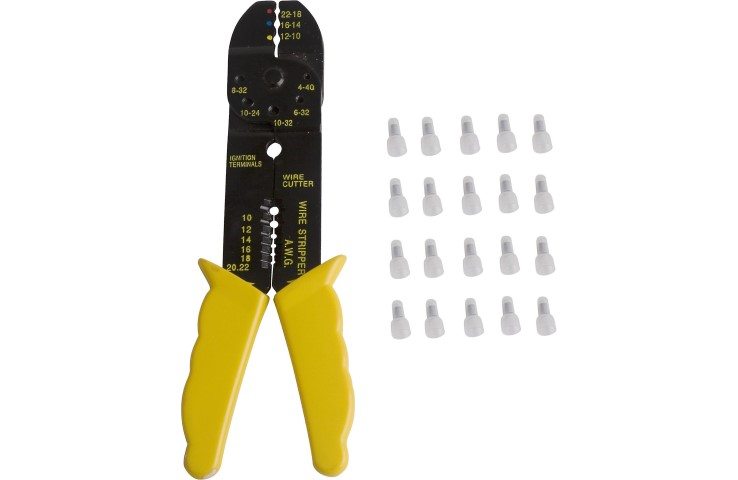 Example crimp and wire stripper tool with crimp caps