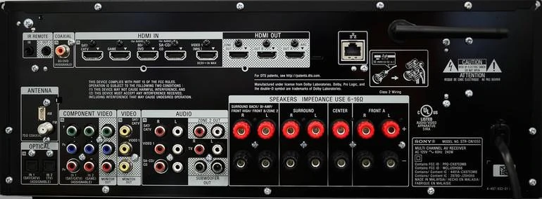 Image of the rear of a stereo receiver and speaker impedance terminals