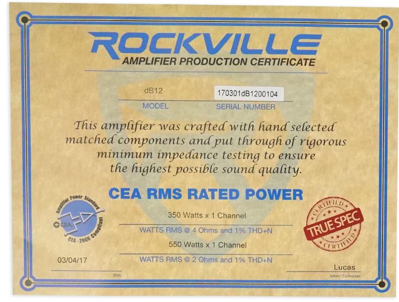 Rockville DB12 CEA power ratings certificate