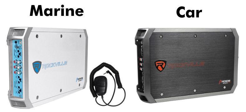 Image of marine amp vs car amp brand (Rockville)