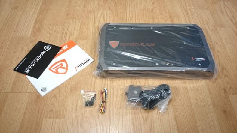 Image of the items included with Rockville RXH-F5 5 channel amplifier