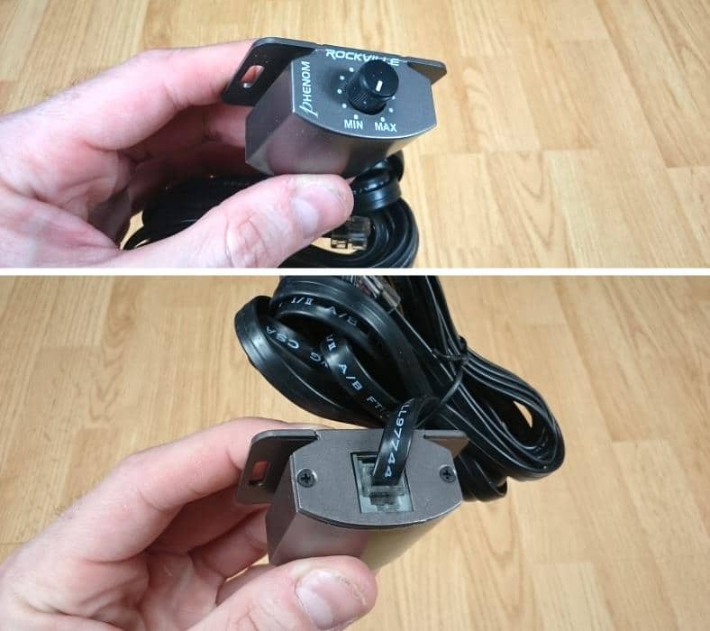 Closeup images of Rockville car amplifier bass remote