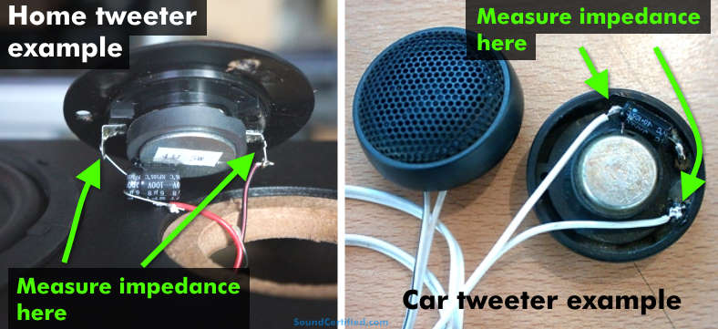 Diagram showing where to measure speaker impedance of tweeters with crossover