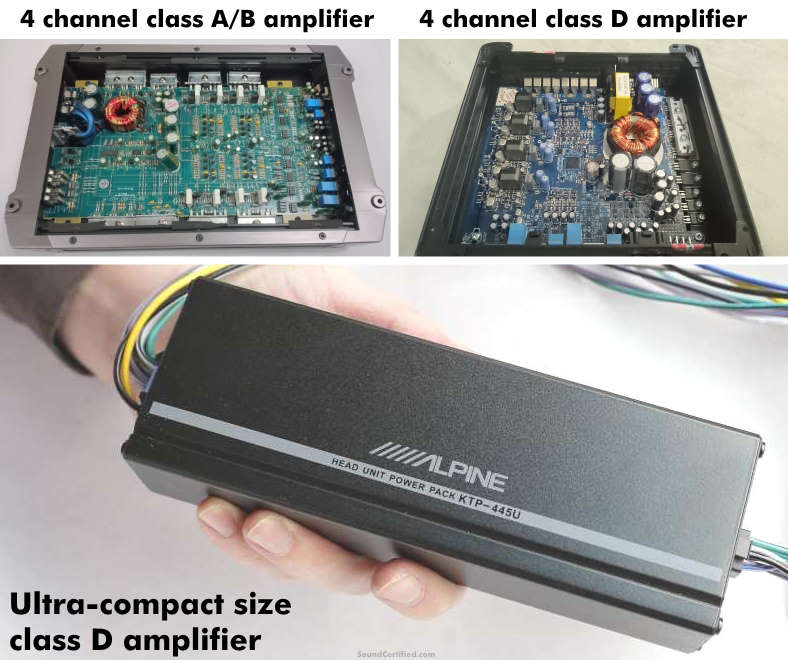 Examples of class A/B and class D car amplifiers