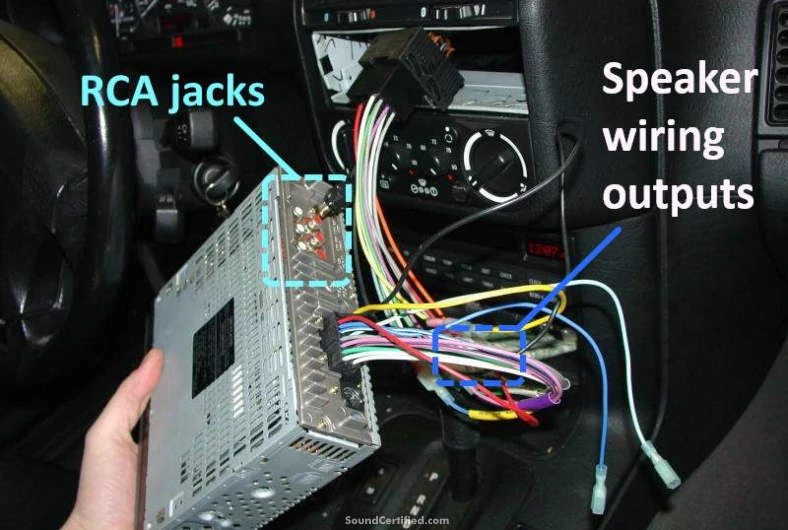 Example of the rear of a car stereo installation closeup