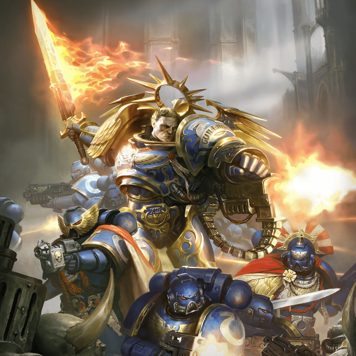 dark imperium book artwork warhammer 40k robute guillimane flanked by ultramarines with the emperors sword and cato sicarus factions best armies