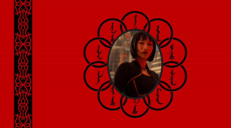 Xialing in front of ten rings logo