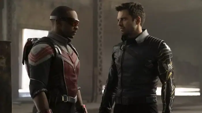 Sam Wilson and Bucky Barnes facing each other.