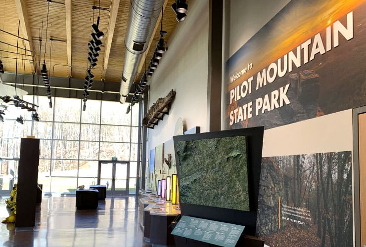 Educational exhibits inside Pilot Mountain State Park Visitor Center.