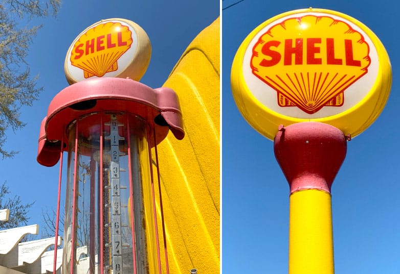 replica lamp posts and restored gas pumps