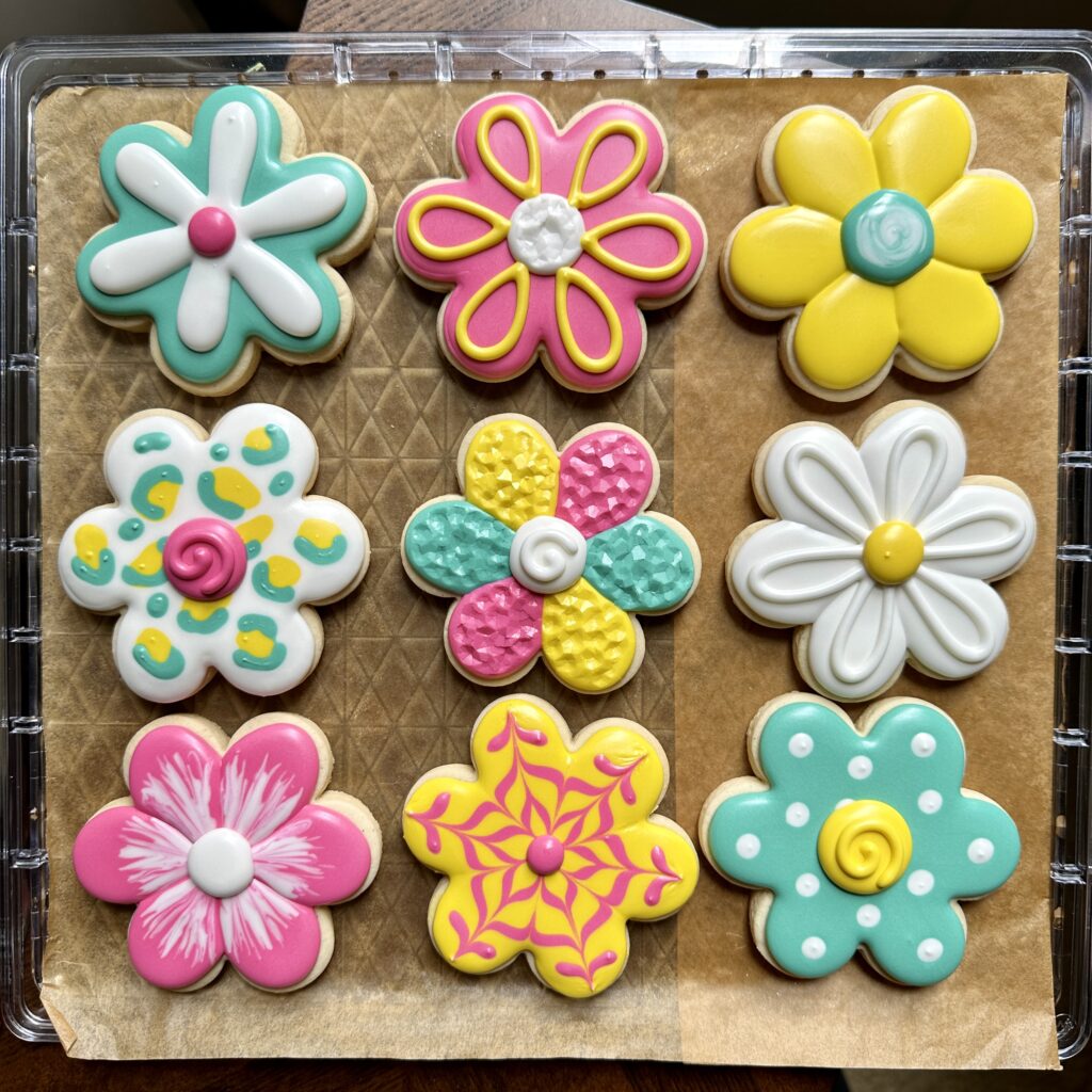 picture of 9 flower sugar cookies decorated with royal icing in teal, white, pink and yellow 
