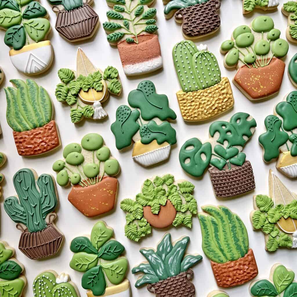 photo of a set of different plant sugar cookies decorated withe royal icing 
