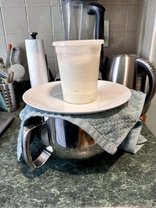 photo of mixing bowl topped with a paper towel and topped with a plate and then topped again with something heavy to seal it for storing royal icing