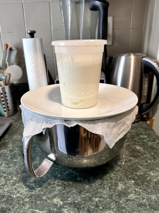 photo of mixing bowl topped with a DAMP paper towel and topped with a plate to seal it for storing royal icing - damp paper towel is used to soften any crusty bits if the icing is left out and crusts
