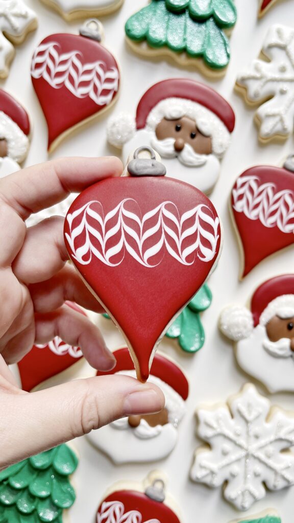 ornament cookie decorated with royal icing 