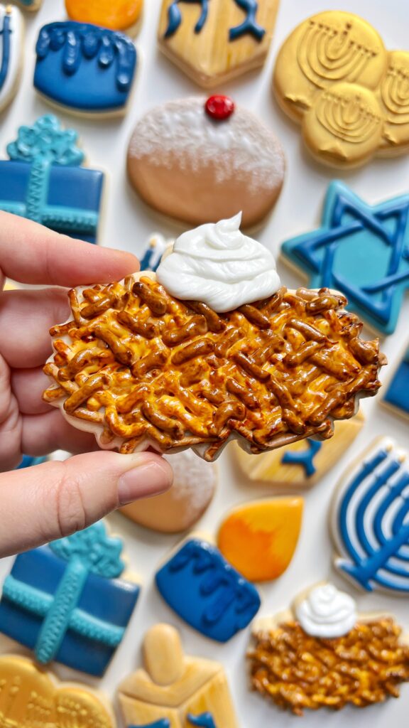 latke cookie decorated with royal icing 