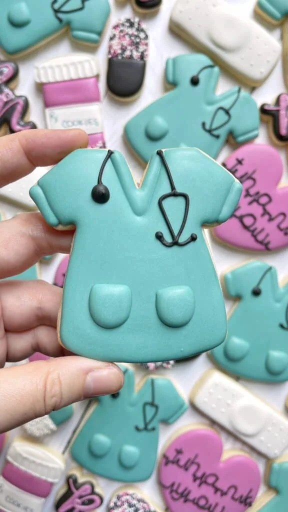 scrubs cookie decorated with royal icing 